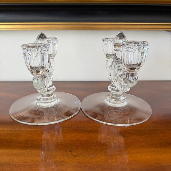Heisey TridenCrystal Danish Clear Princess Pair Candlesticks 2 Lite Double Candl - Picture 6 of 12